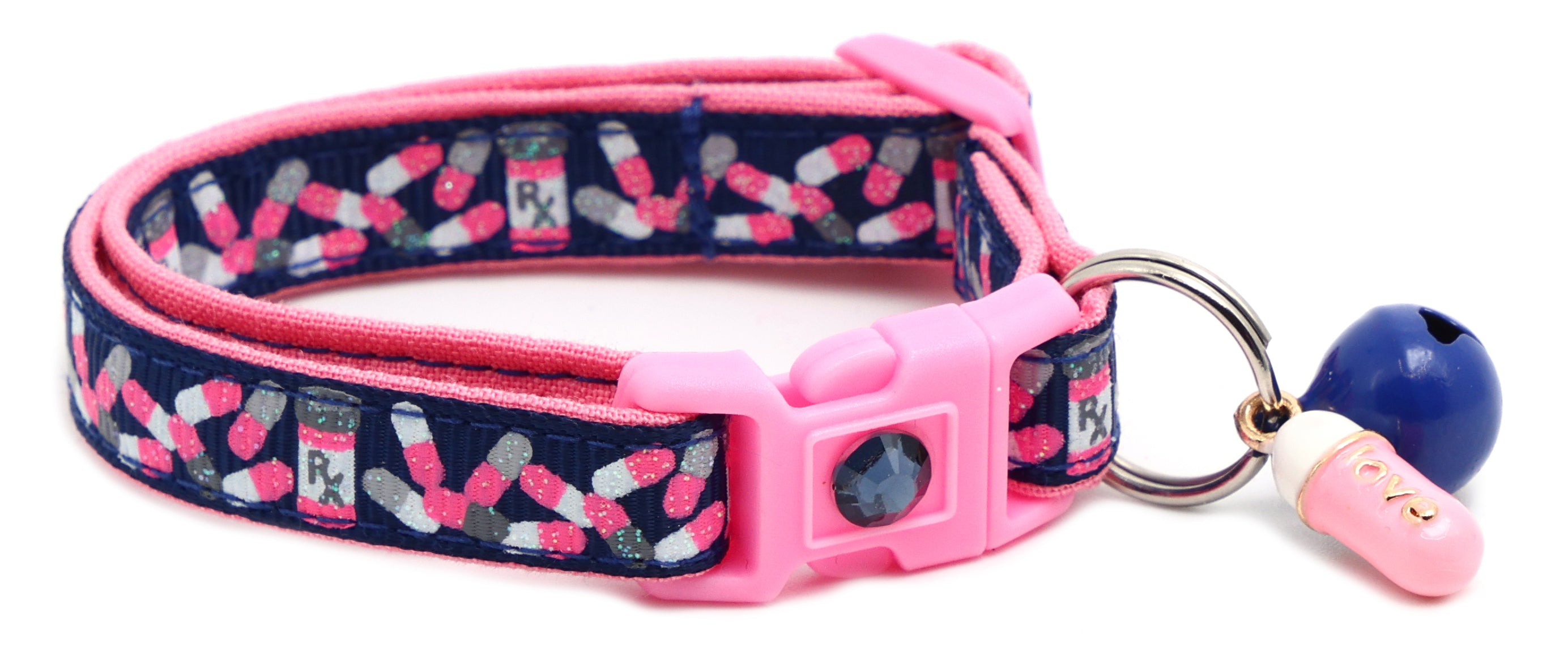 Handmade Pills Breakaway Cat Collar in reinforced cotton with adjustable sizes and breakaway clip for safety.